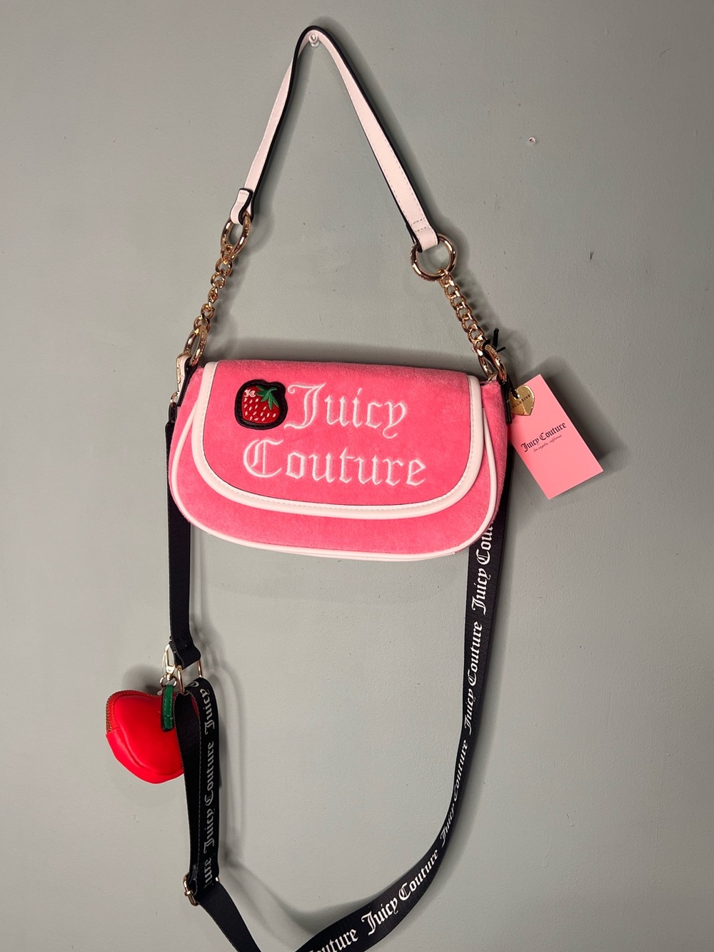 Juicy Couture Pink Velour Strawberry Crossbody Bag NWT Y2K